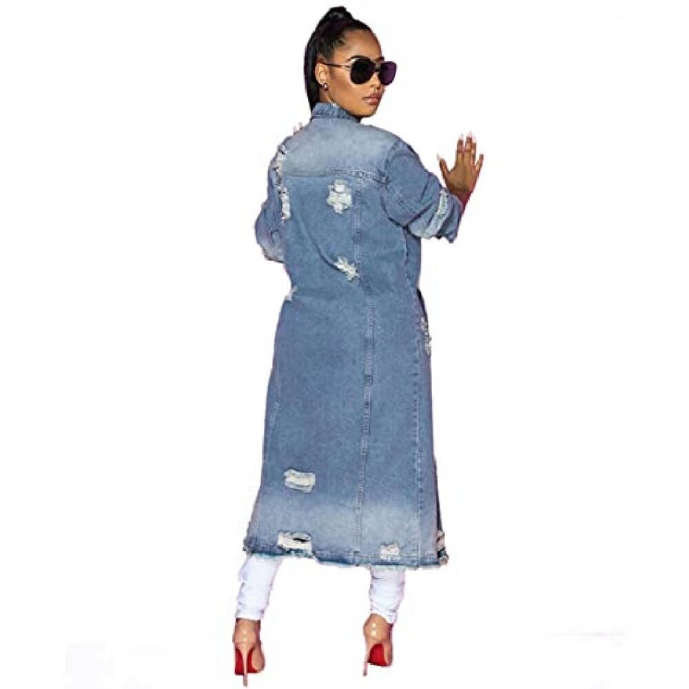 Distressed Denim Jacket Coat Ripped Holes Ankle Length Women's Size - Picture 3 of 7
